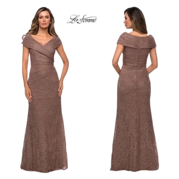 La Femme Women's Cocoa Floral Lace Gown Size 14 main image 0
